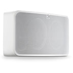 Bluesound Pulse 2i wireless speaker in white, shown from a right angle, highlighting sleek design and compact form.