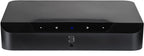 Bluesound Powernode Edge music streamer in black, showing front view with digital display and control buttons.