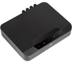 Bluesound Powernode Edge music streamer in sleek black finish, showing front panel with control buttons and display screen.