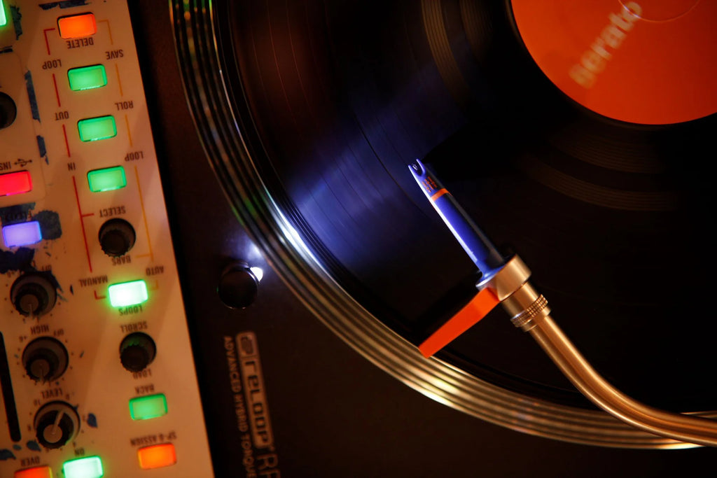Two Ortofon Concorde DJ MK2 turntable cartridges with protective case, viewed from above showing the cartridges' top design.