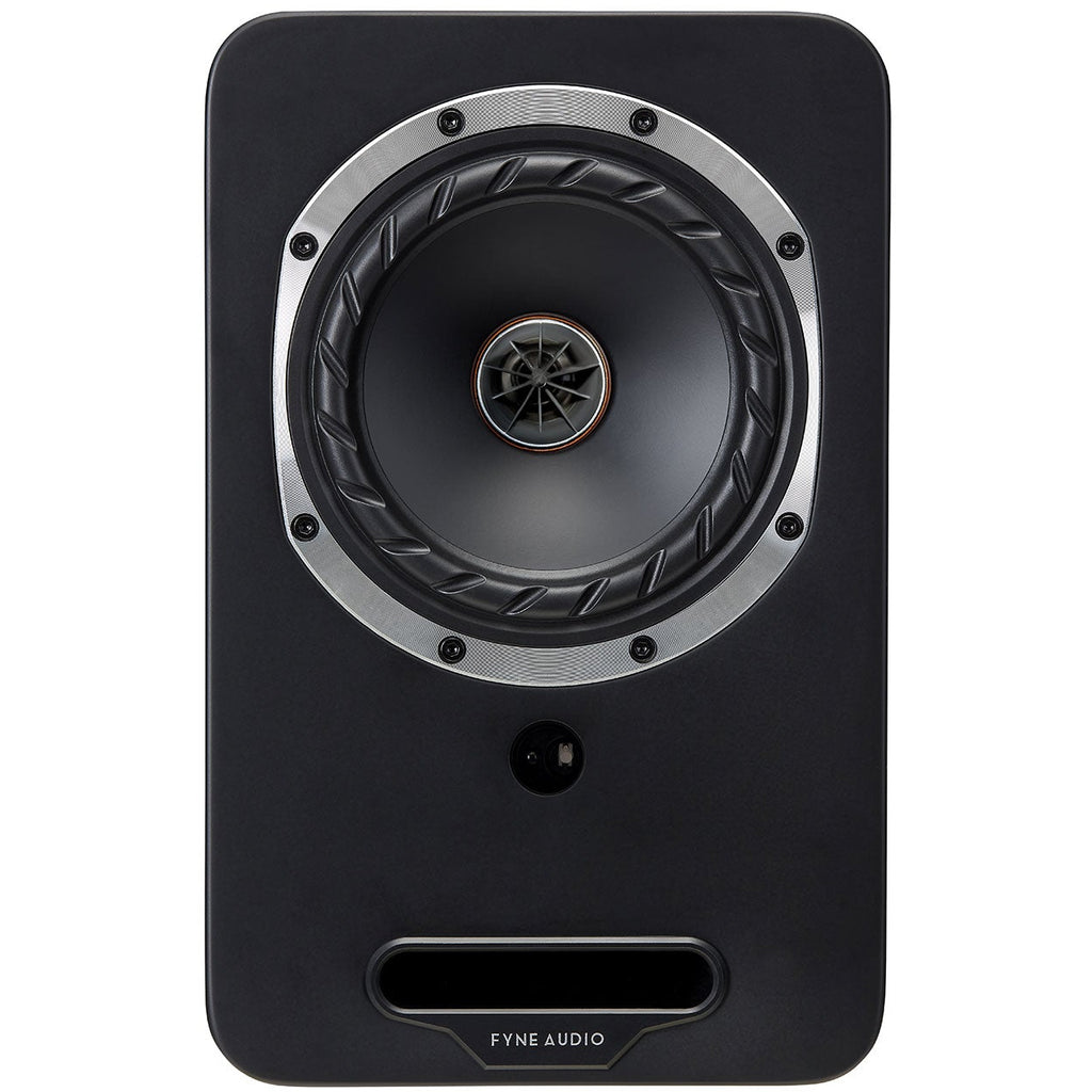 Fyne Audio Cubitt 5 active bookshelf speakers in midnight black, front view showing sleek design and speaker drivers.