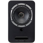 Fyne Audio Cubitt 5 active bookshelf speakers in midnight black, front view showing sleek design and speaker drivers.