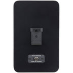 Fyne Audio Cubitt 5 active bookshelf speakers in midnight black with rear ports and sleek design.