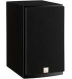 Black DALI Menuet passive bookshelf speakers with grille, showcasing compact design and sleek finish.