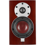 DALI Menuet passive bookshelf speakers in red, front view showing compact design and speaker grille.