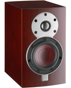 DALI Menuet passive bookshelf speakers in vibrant red with sleek black accents, showcasing the compact, stylish design.