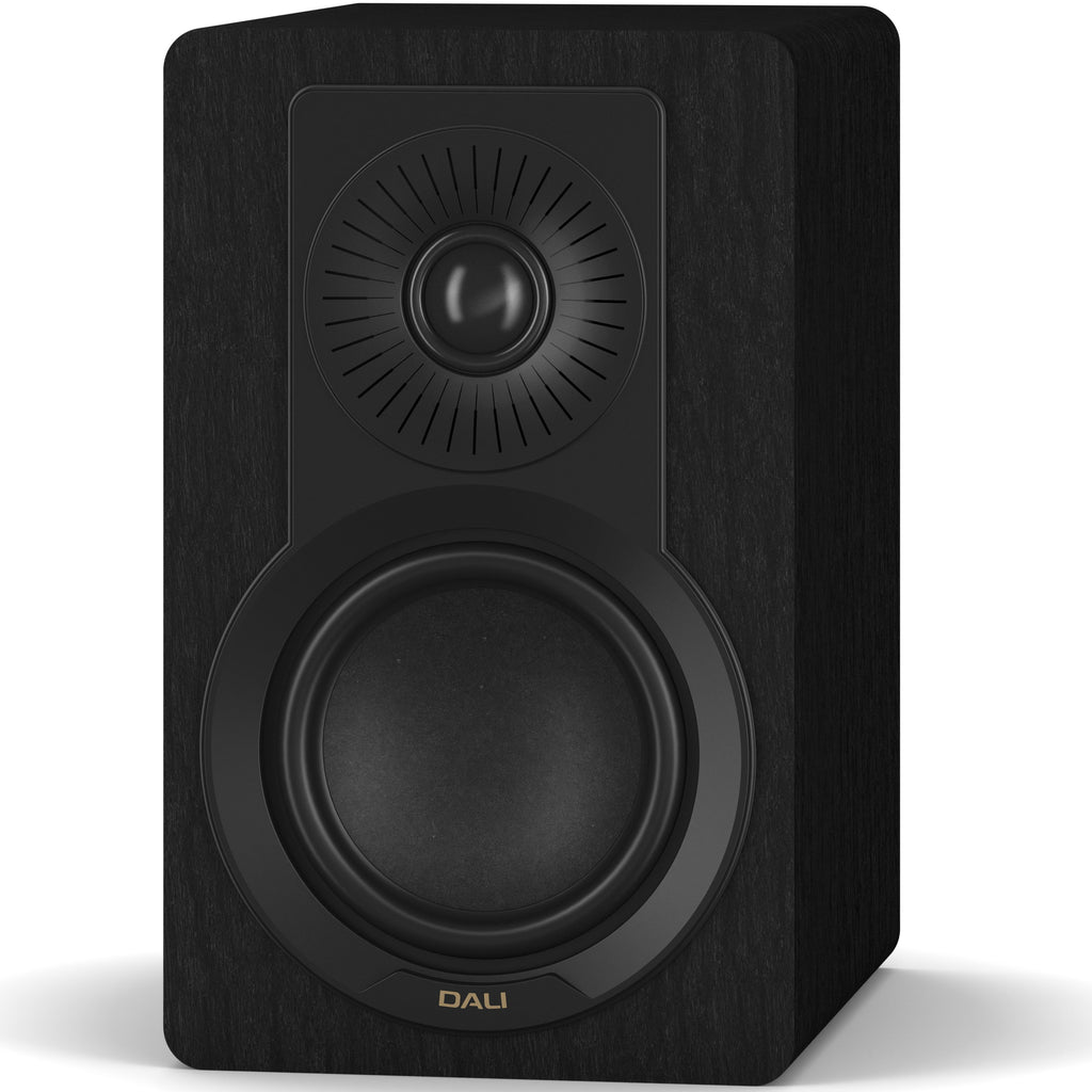 Black ash DALI Kupid passive bookshelf speakers with black grilles and sleek modern design.