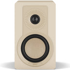 DALI Kupid passive bookshelf speakers with caramel white grill and wood finish, showcasing modern audio design and compact size.