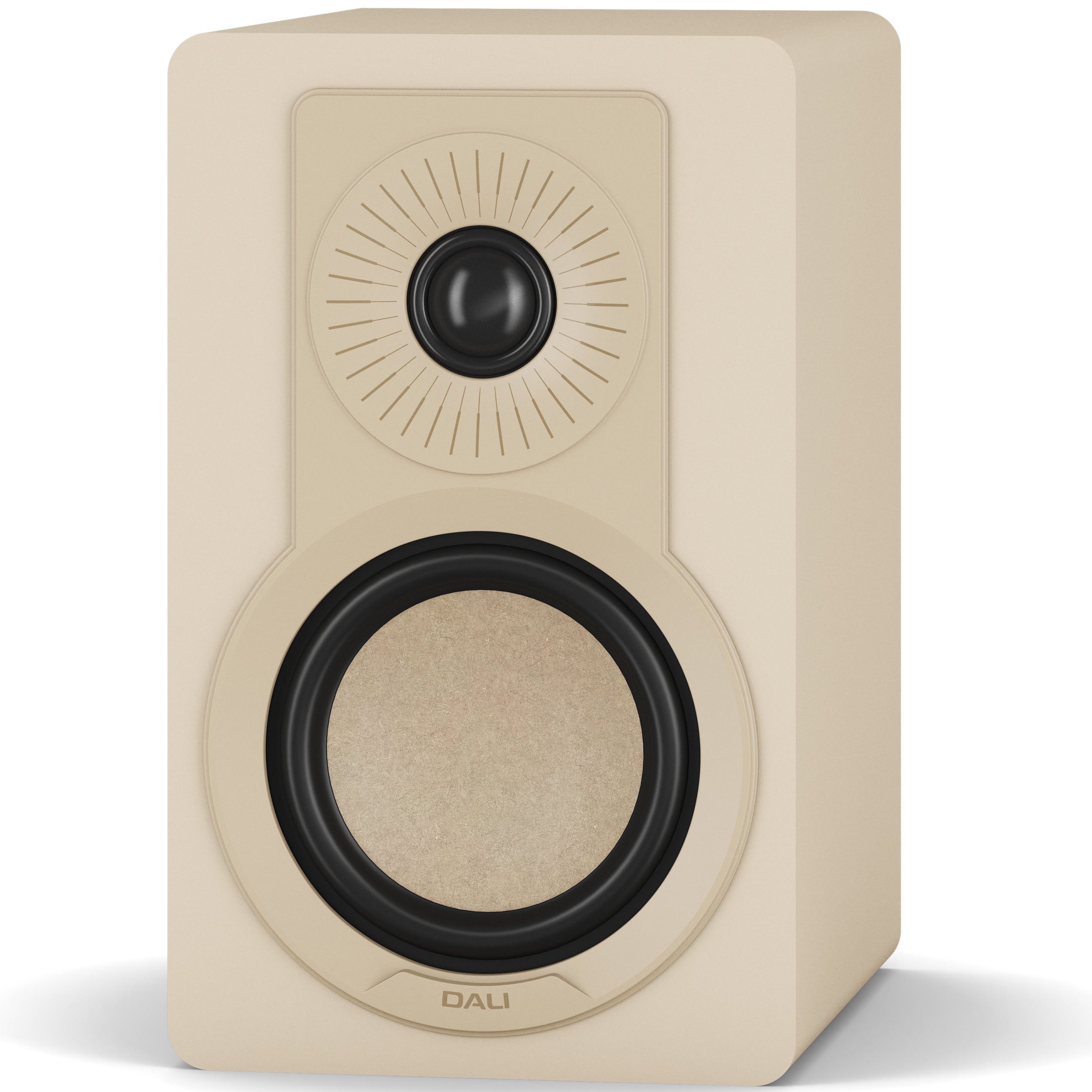 DALI Kupid passive bookshelf speakers with caramel white grille, showcasing sleek design and compact size for home audio.