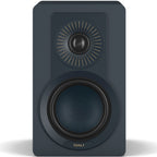DALI Kupid passive bookshelf speakers with chilly blue grille covering, showcasing sleek modern design and compact size.
