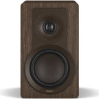 DALI Kupid passive bookshelf speakers with dark walnut finish, showing the front grille and sleek modern design.
