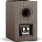 DALI Kupid passive bookshelf speakers with dark walnut finish and grille, showcasing sleek modern design.