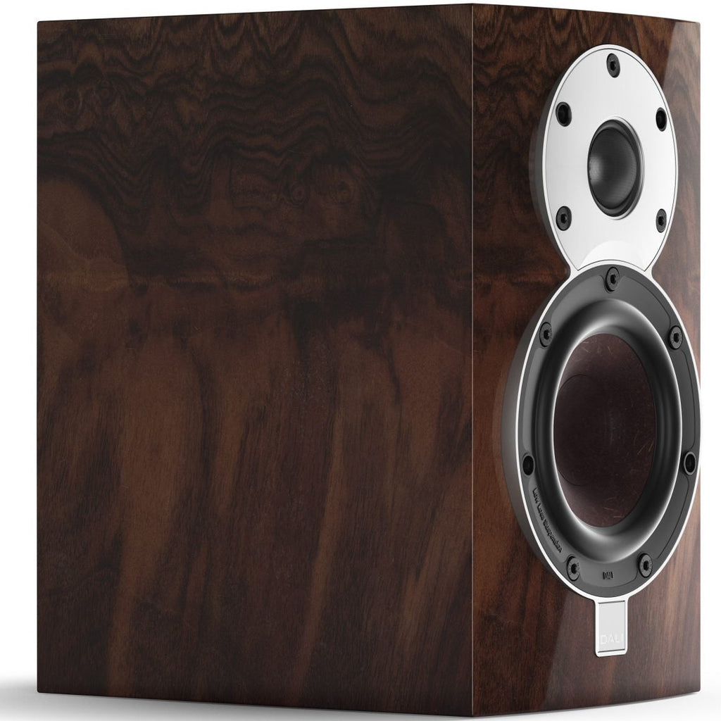 DALI Menuet SE passive bookshelf speakers seen from the side, showcasing their compact design and stylish black finish.