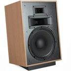 Klipsch Heresy IV floorstanding speakers with black finish and horn-loaded tweeters, showcasing a sleek, modern design.