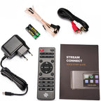 Essentials Stream Connect music streamer in black, compact device with input ports for seamless wireless audio streaming.
