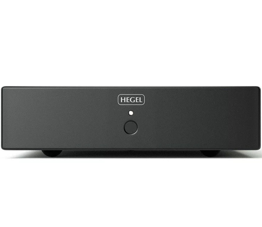 Hegel V10 phono preamp with sleek black design, featuring input and output ports for high-quality vinyl record audio.