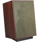Klipsch Heresy IV floorstanding speakers with right grille removed, showcasing their speaker drivers and classic design.