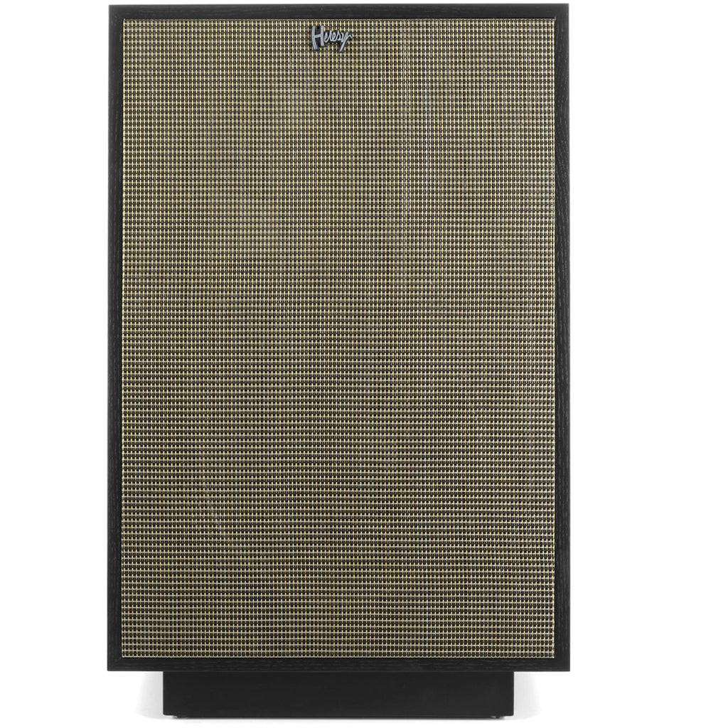 Black Klipsch Heresy IV floorstanding speakers with front grille, showcasing sleek design and premium audio quality.