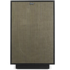 Black Klipsch Heresy IV floorstanding speakers with front grille, showcasing sleek design and premium audio quality.