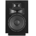 Black Klipsch Heresy IV floorstanding speakers with wooden finish, front view showcasing their sleek design and speaker grille.