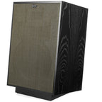 Black Klipsch Heresy IV floorstanding speakers with grille, showcasing their sleek design and woodgrain finish.