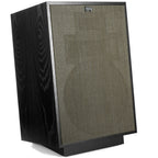 Black Klipsch Heresy IV floorstanding speakers with right grille, showcasing sleek design and high-quality audio performance.