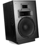 Black Klipsch Heresy IV floorstanding speaker with sleek design and detailed driver components, right side view.