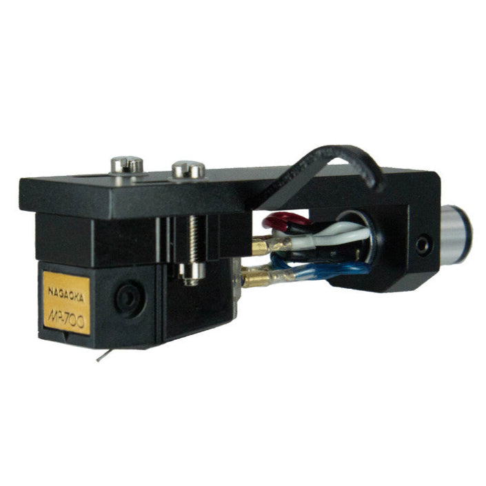 Nagaoka MP-700H turntable cartridge with headshell, featuring gold-plated connectors and precise stylus for high-quality audio playback.