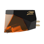 Ortofon 2M Bronze turntable cartridge with a metal stylus and sleek design, viewed from the side left angle.