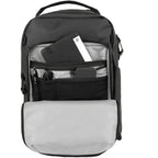 Wandrd Prvke Pocket 31L video equipment bag with front pocket, packed and ready for travel, showing durable black design and organized interior.