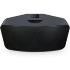 Bluesound Pulse 2i wireless speaker in black, front and above view showing sleek design and control buttons.
