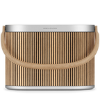 Bang & Olufsen Beosound A5 portable speaker in oak with a sleek front design, showcasing its modern and stylish appearance.