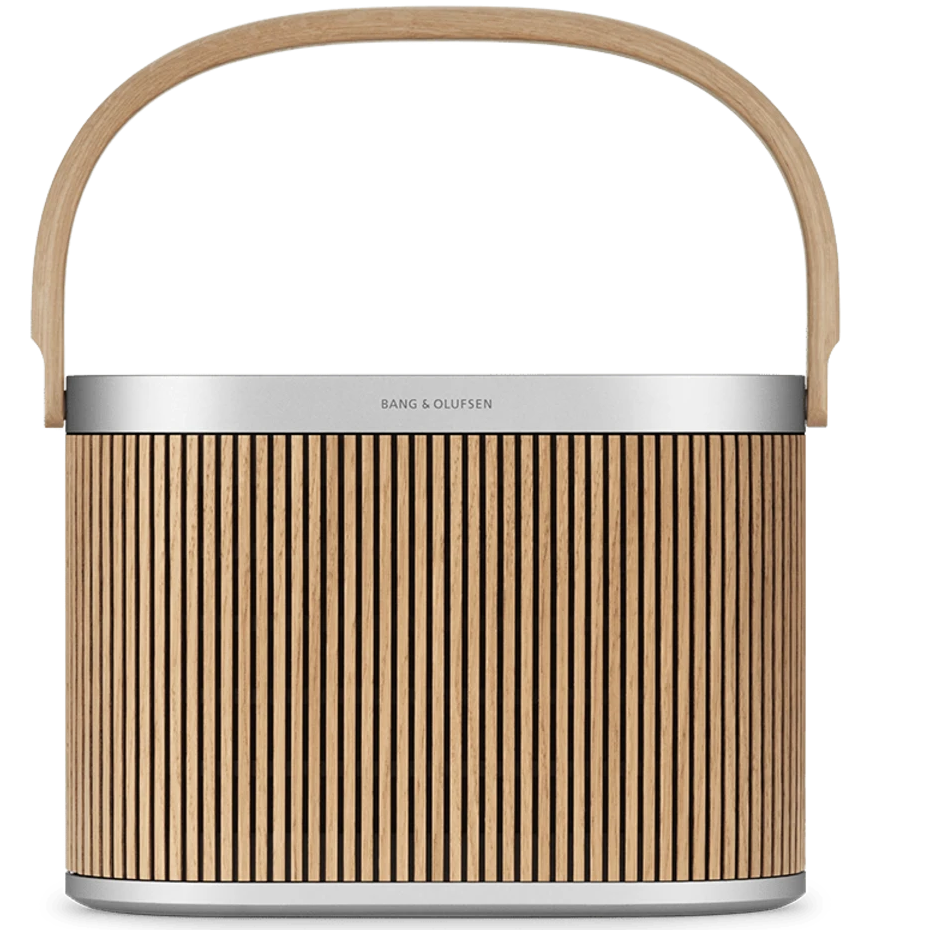 Bang & Olufsen Beosound A5 portable speaker in oak finish, front view showcasing its sleek design and premium build.