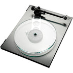 Rega Planar 3 RS turntable with aluminum platter and Nd5 cartridge, shown from a top angle.