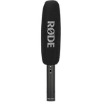 Rode NTG1 shotgun microphone with a windshield, showcasing its sleek design and professional audio features.