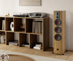 DALI Rubikore 8 passive floorstanding speakers in a living room setting, showcasing sleek black design and modern audio equipment.