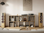 DALI Rubikore 8 passive floorstanding speaker with sleek black finish and modern design, shown in a stylish home audio setup.