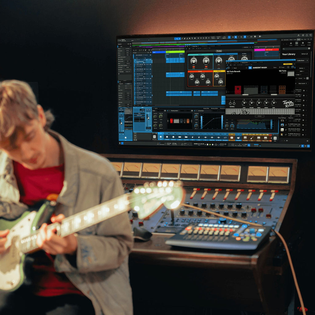 Fender Studio Pro (Student) DAW software box with colorful interface displayed on screen, designed for music production students.