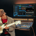 Fender Studio Pro (Student) DAW software box with colorful interface displayed on screen, designed for music production students.