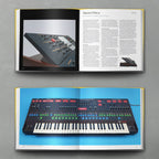 Open book titled Bjooks Synth Gems 1 showing colorful pages with synth music and gear illustrations on a white background.