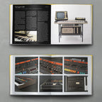 Open spread of Bjooks Synth Gems 1 book showing colorful pages with synthesizer images and detailed illustrations.