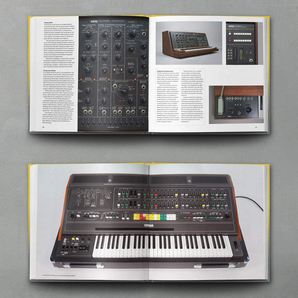 Open book displaying colorful synth circuit diagrams and illustrations from Bjooks Synth Gems 1 book on electronic music synthesis.