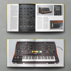 Open book displaying colorful synth circuit diagrams and illustrations from Bjooks Synth Gems 1 book on electronic music synthesis.
