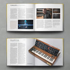Open book titled Bjooks Synth Gems 1 showing colorful diagrams and illustrations of synthesizer circuits and electronic music gear.