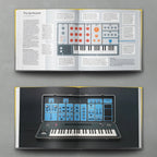 Open spread from Bjooks Synth Gems 1 book showcasing colorful synth hardware images and detailed illustrations.