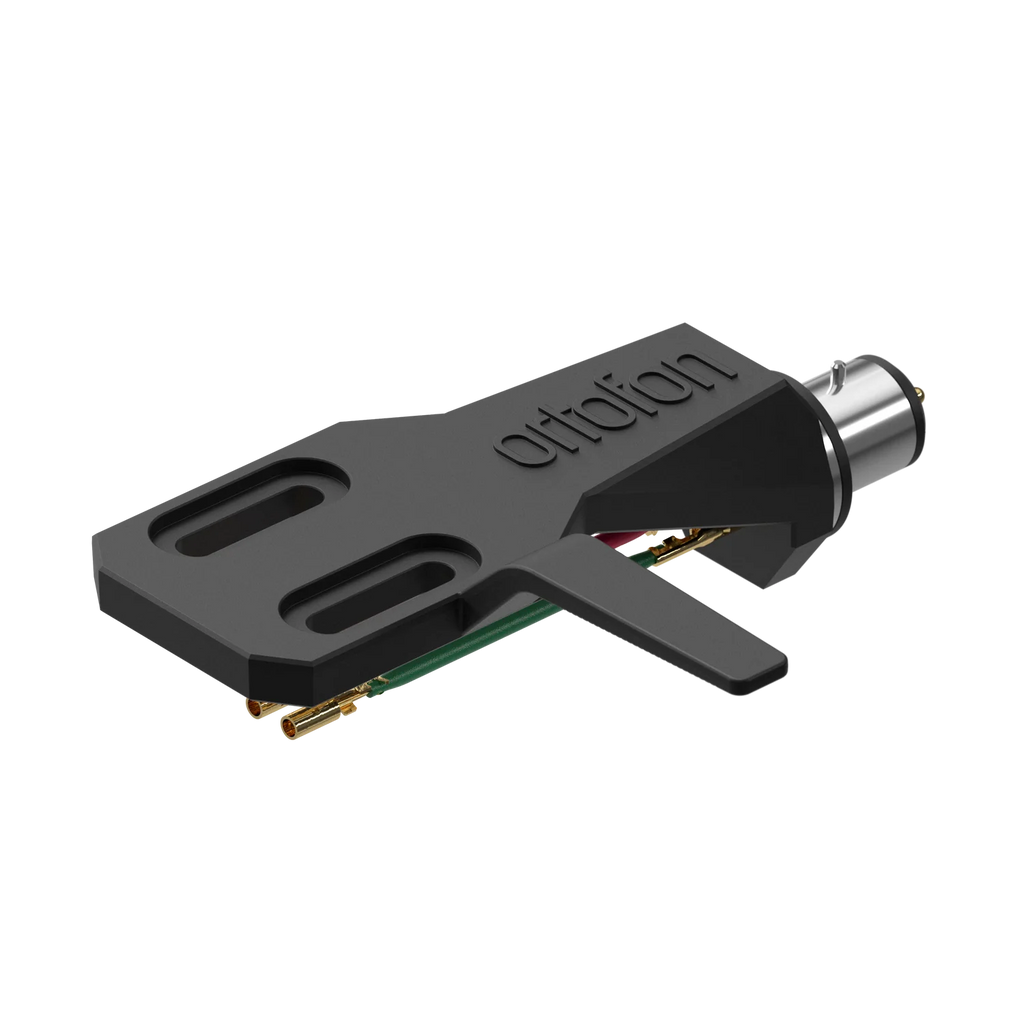 Ortofon SH-2 Black headshell for turntable cartridge, shown from top-left tilt, highlighting sleek black design and mounting details.