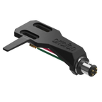 Ortofon SH-2 Black Headshell for turntable cartridges, viewed from top back left tilt, showing sleek black finish and mounting hardware.