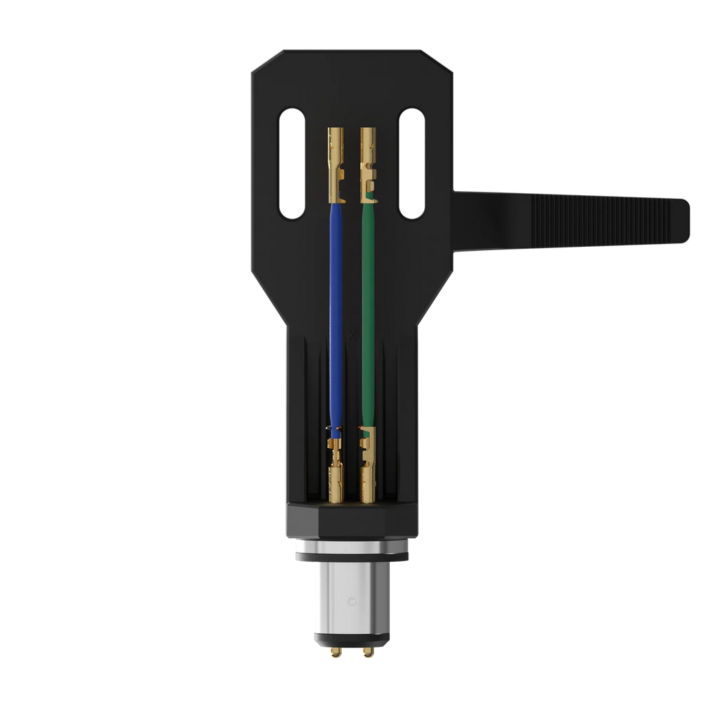 Ortofon SH-2 Black headshell for turntable cartridges, showing the sleek black design and mounting hardware at the bottom.