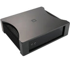 Rega Solis stereo amplifier featuring a sleek modern design with a black finish and control knobs on the front panel.