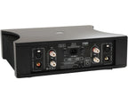 Rega Solis stereo amplifier showing rear panel with input and output connections, sleek modern design, black finish.